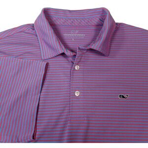 Vineyard Vines Polo Shirt Mens Large Pink Blue Striped Performance Golf Stretch